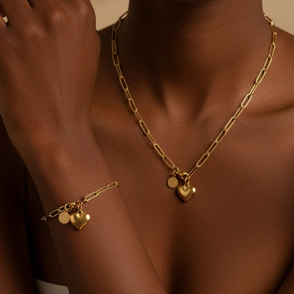 Cubic Heart Jewelry Set – 18K Gold-Plated Stainless Steel Necklace & Bracelet for Women