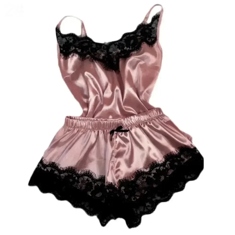 Lace Silk Cami Top & Shorts Pajama Set – V-Neck, Sleeveless, Summer Sleepwear | Women's Loungewear