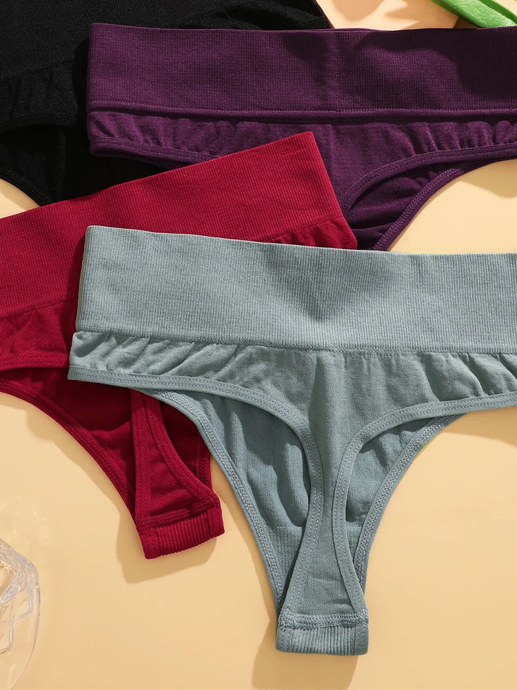 FINETOO 3pcs Women's Stretchy Panties Sexy High Waist Thongs Plus Size Underwear for Female Breathable Solid Soft Lingerie M-2XL
