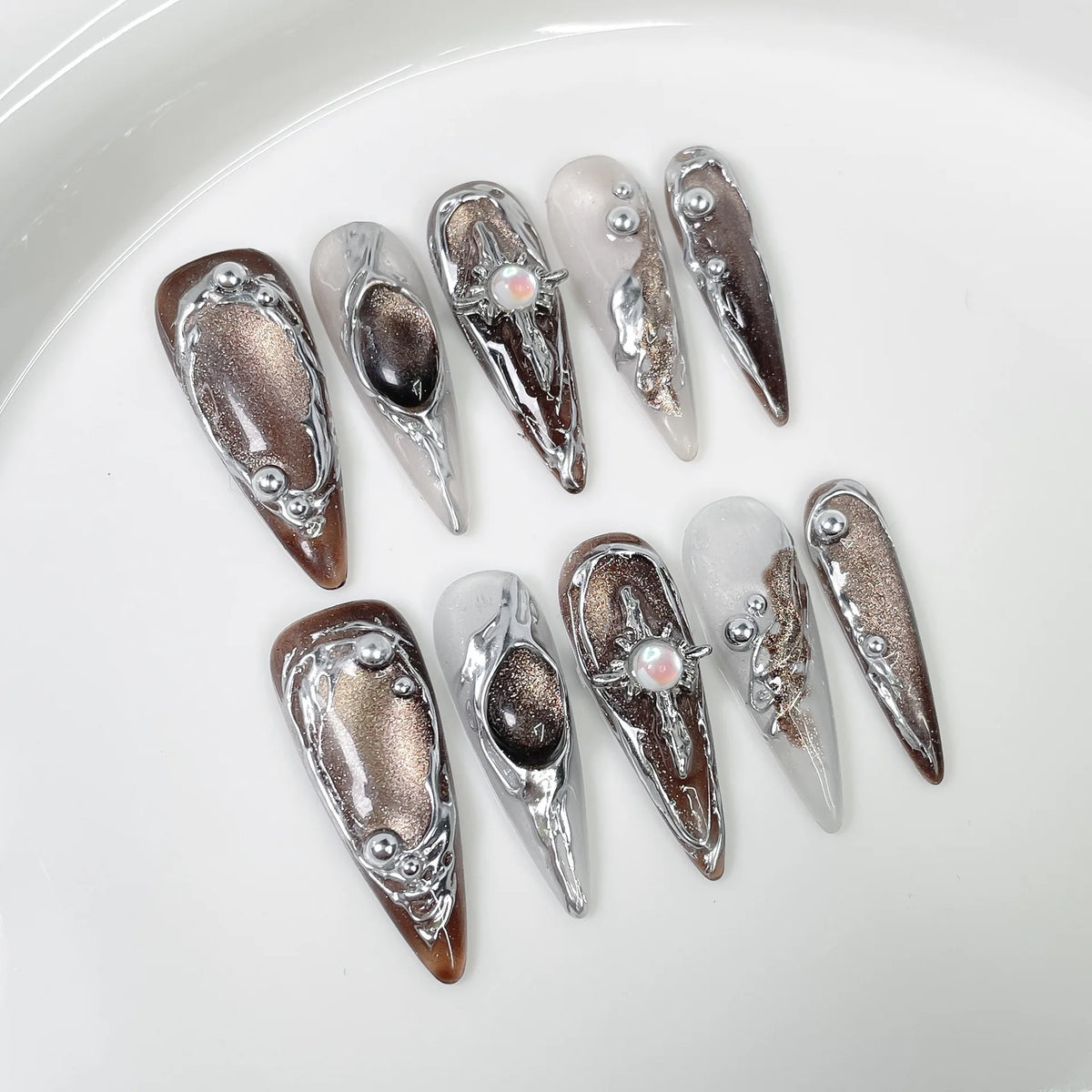 Long Stiletto Press-On Nails – Blue & Pink Cat-Eye with Silver Stripes, 10 Pieces
