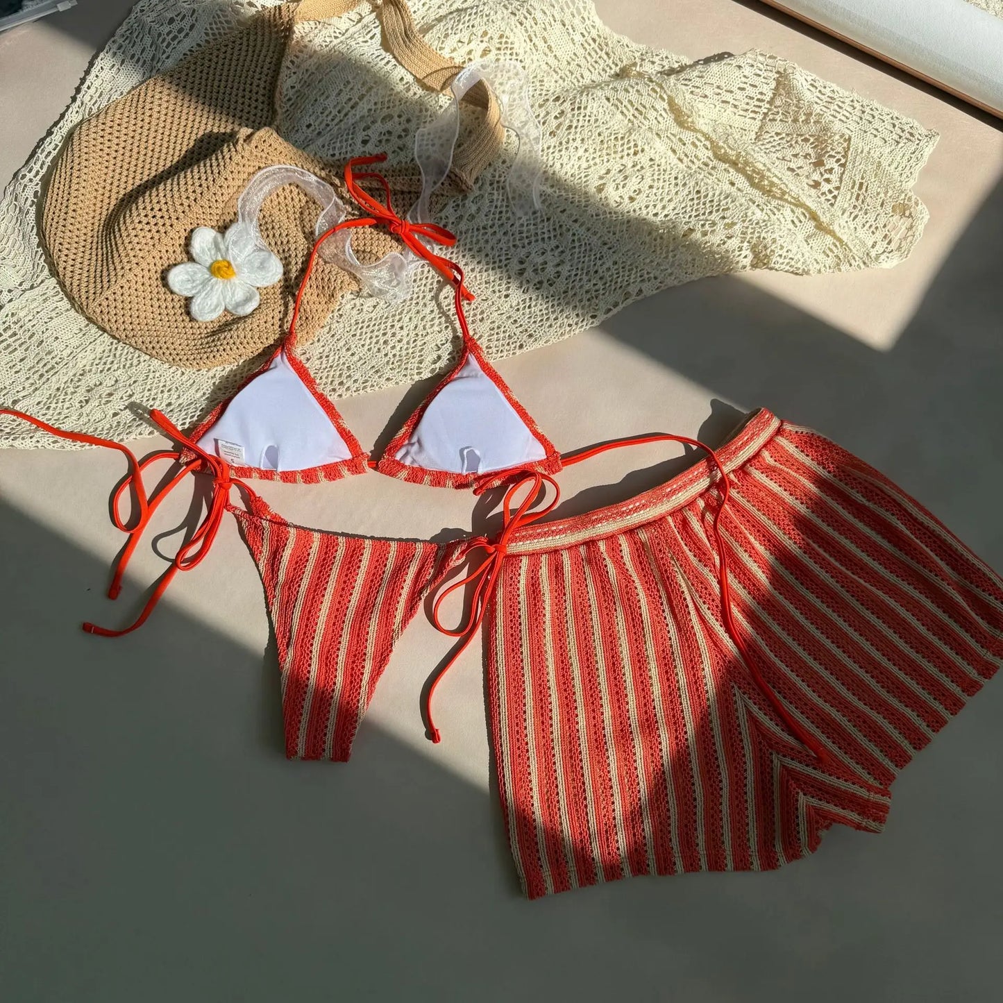 Striped Halter Triangle Bikini Set — 3-Piece with Mini Skirt Cover-Up | Women's Swimwear