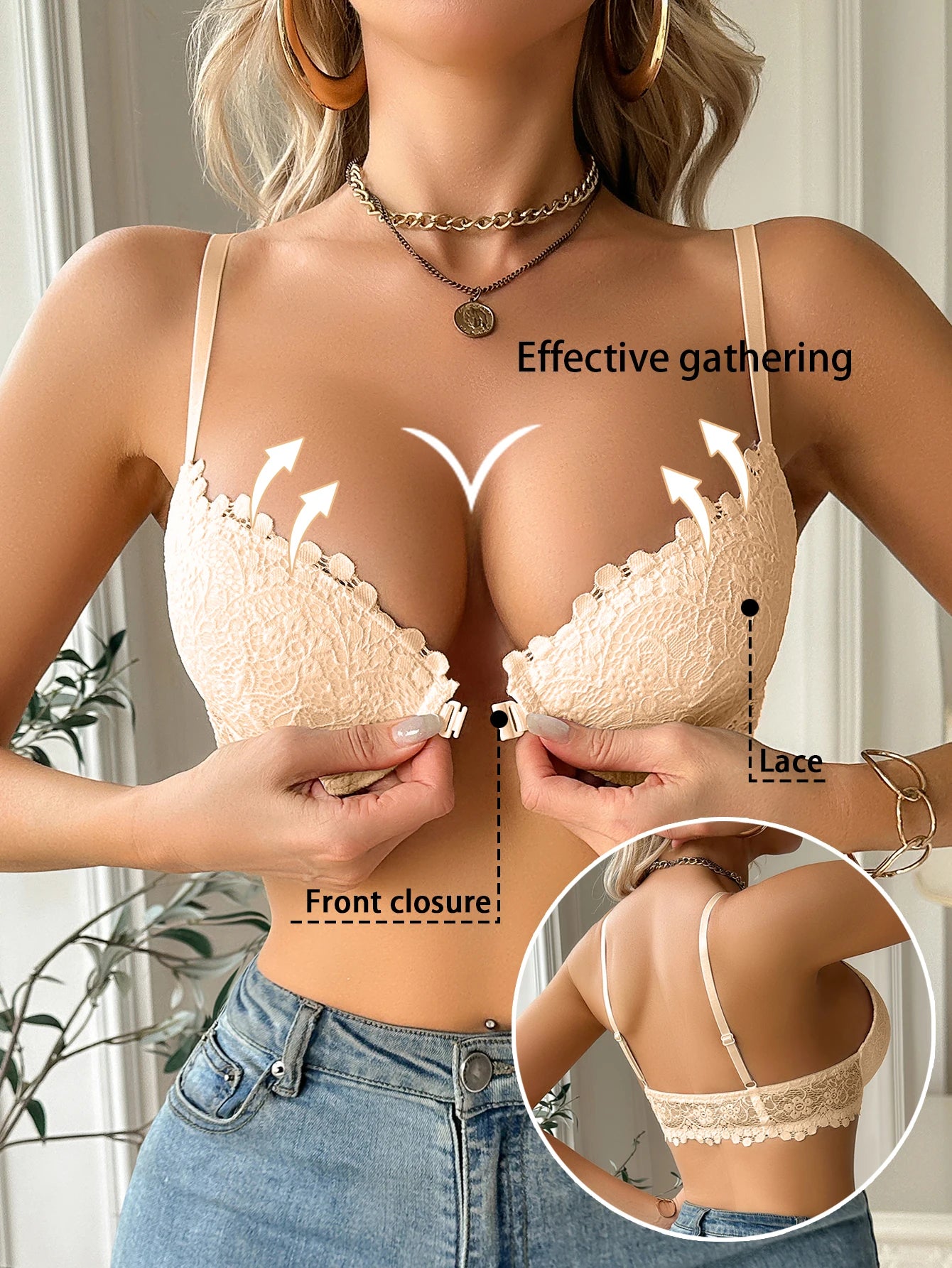 Floral Lace Front-Closure Push-Up Bra — Underwire Gathering | Women's Bra