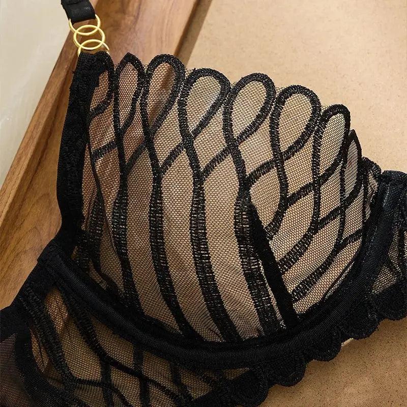 French Sheer Mesh Geometric Bra & Brief Set — V-Neck Plunge Gold Ring Detail | Women's Luxury Lingerie