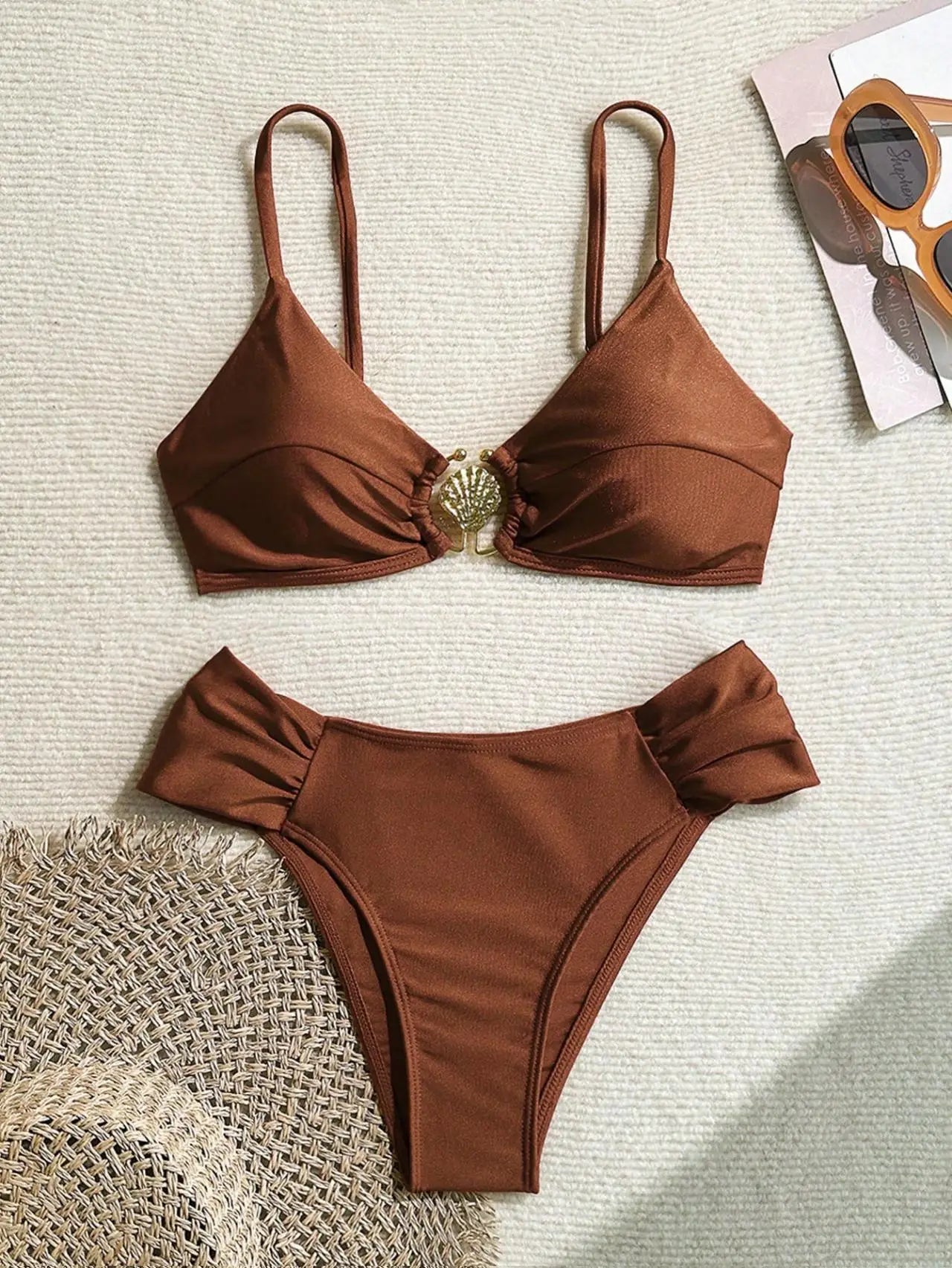 Pleated High-Waist Bikini Set — Metal Shell Buckle Push-Up | Women's Swimwear