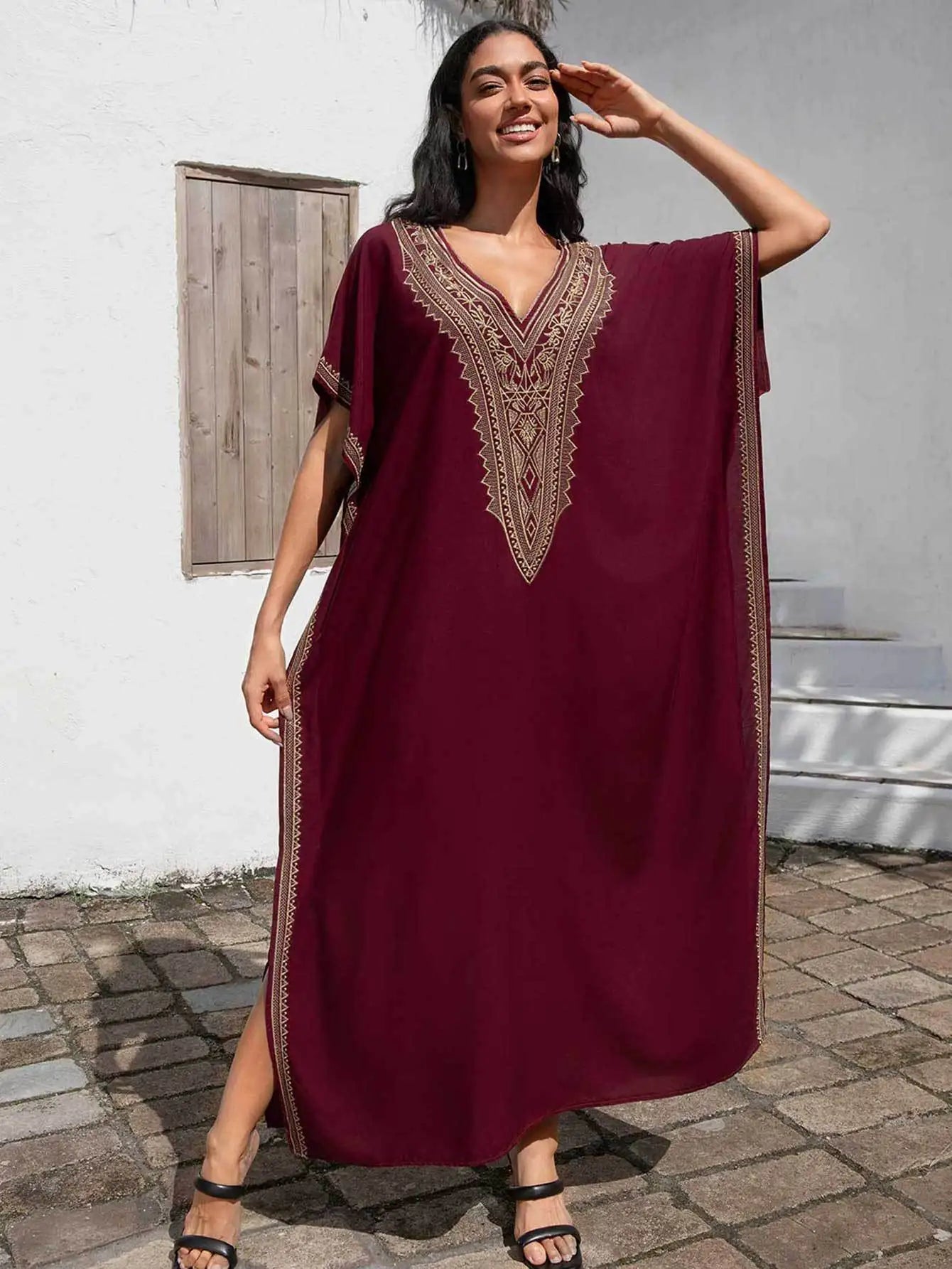 Embroidery Beach Cover-Up Kaftan — Loose V-Neck Long Robe | Women's Swimsuit Cover-Up