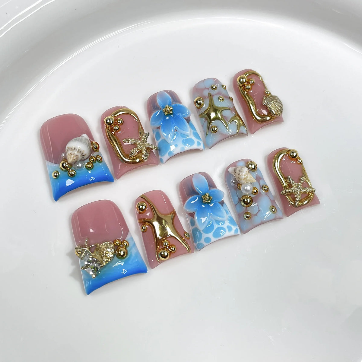 Handmade Duck Tip Press-On Nails - Ocean-Inspired 3D Floral, 10 Pieces