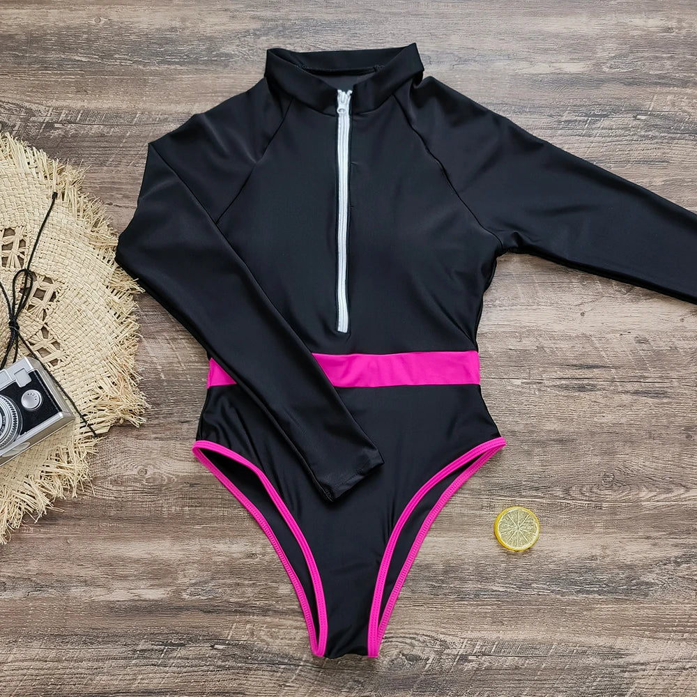 Color Block Surfing One-Piece Swimsuit — Long Sleeve Zipper | Women's Sport Swimwear