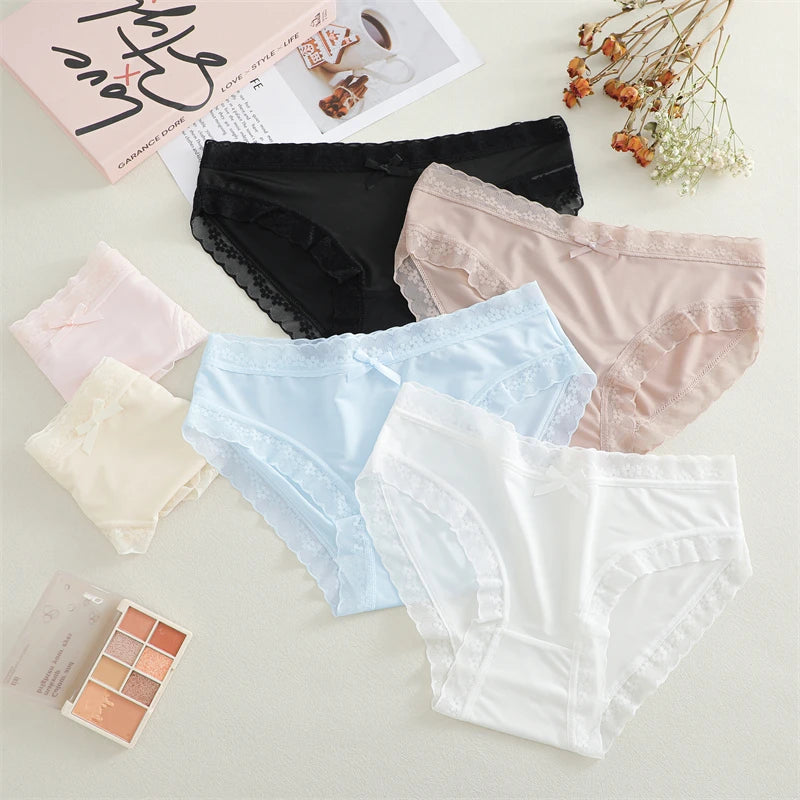 4Pcs Ice Silk Lace Panties Seamless Soild Underwear For Women Sexy Ultra-thin Breathable Briefs Girls Soft Transparent Lingerie