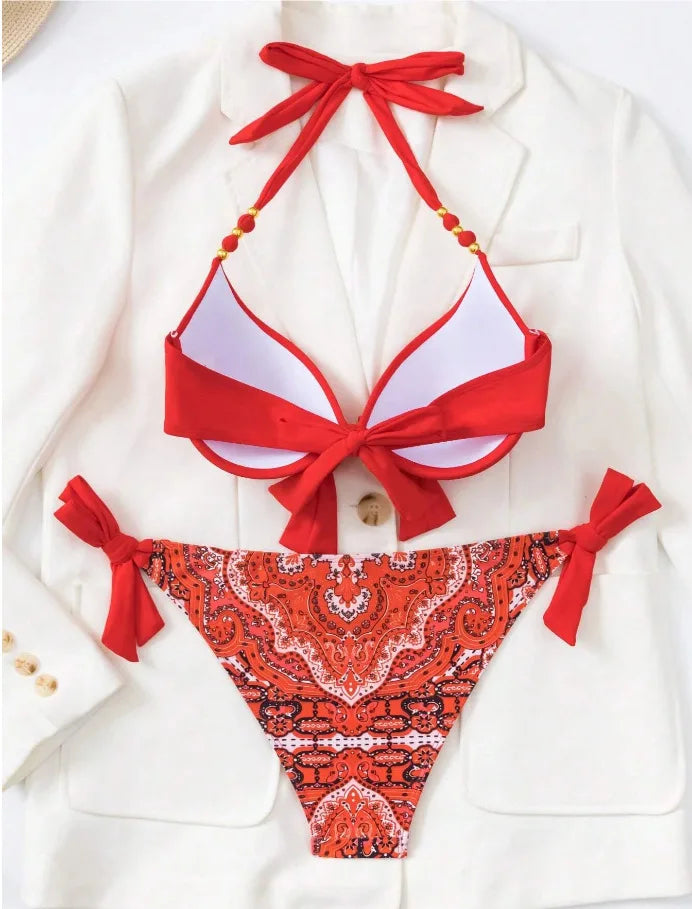Push-Up Halter Bikini Set — Bow-Tie Top & Printed Side-Tie Bottoms | Women's Swimwear