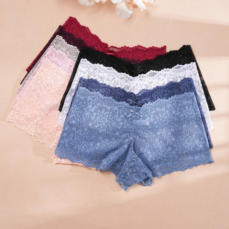 4-Pack Hollow Lace Boyshort Panties – Low-Rise Breathable Underwear for Women (S–2XL, 13 Color Sets)