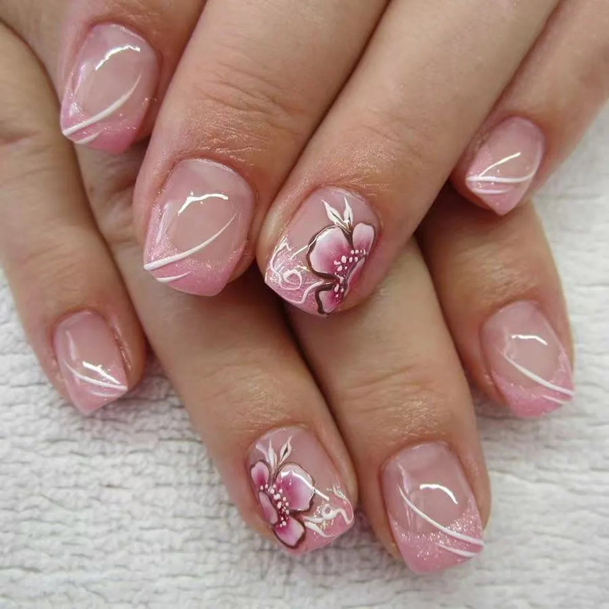 Short Square Press-On Nails - Purple Floral & Gradient French, 24 Pieces