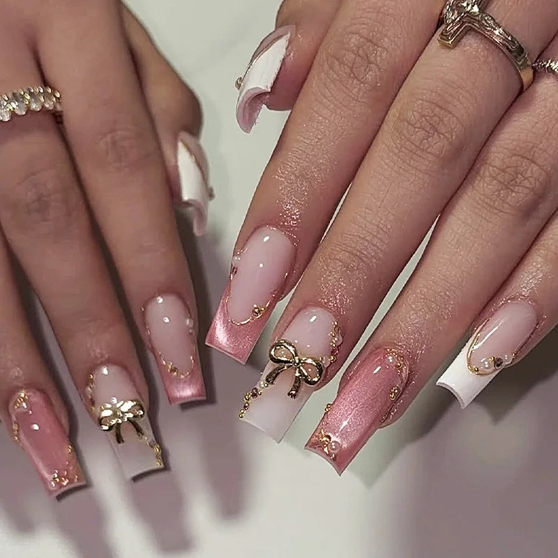 Medium Square Press-On Nails with Adhesive - Blush Pink Floral & French, 24 Pieces