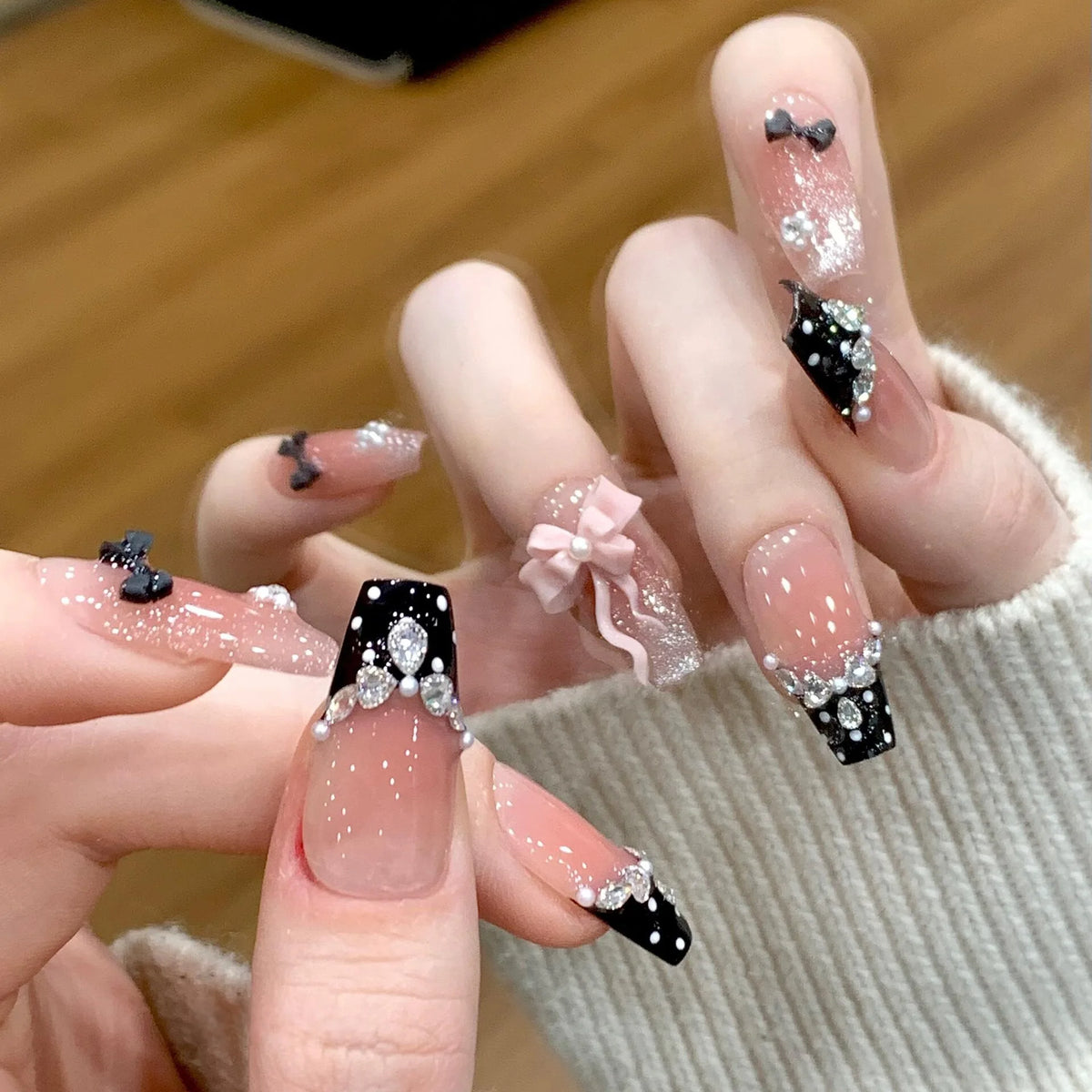 Pink Cat-Eye Press-On Nails – Medium Ballerina Bow Designs, 10 Pieces