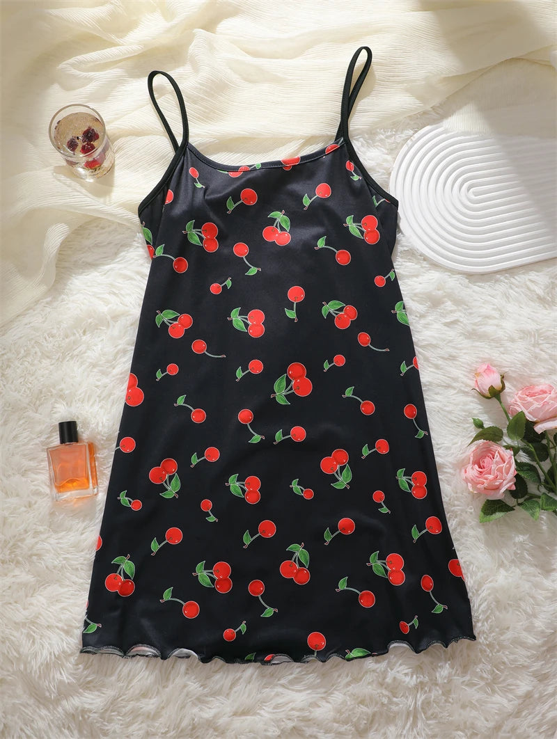 Butterfly Print Satin Sleep Dress — Spaghetti Strap Mini Nightgown