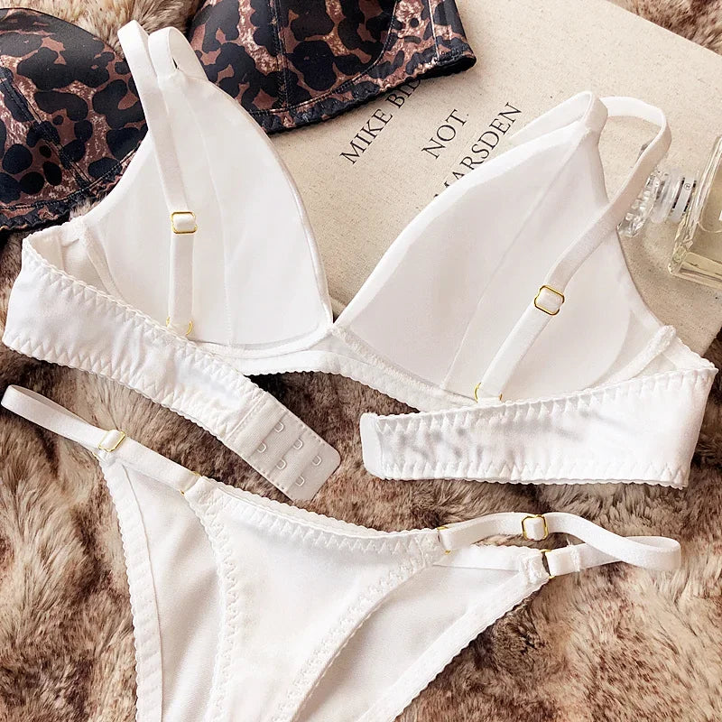 Women's Silken Triangle Bra & Thong Set – Wire-Free French Bralette Lingerie (S–XL)