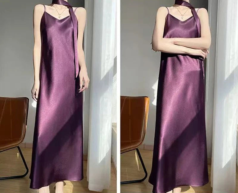 French Elegant Satin Camis Dress Women Summer Loose with Ribbon Midi Dress Female Fashion Aesthetic Party Evening Slip Dress