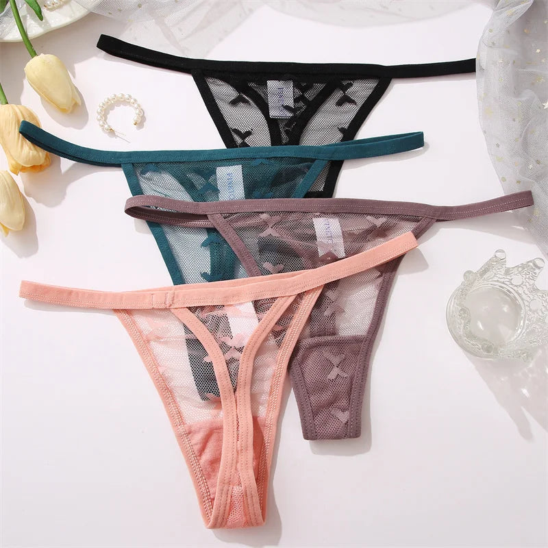 FINETOO 4Pcs/set Lace Thongs Sexy Low Waist Bikini Panties S-XL Lace G-string Underpants Comfortable T-Back Underwear Lingerie
