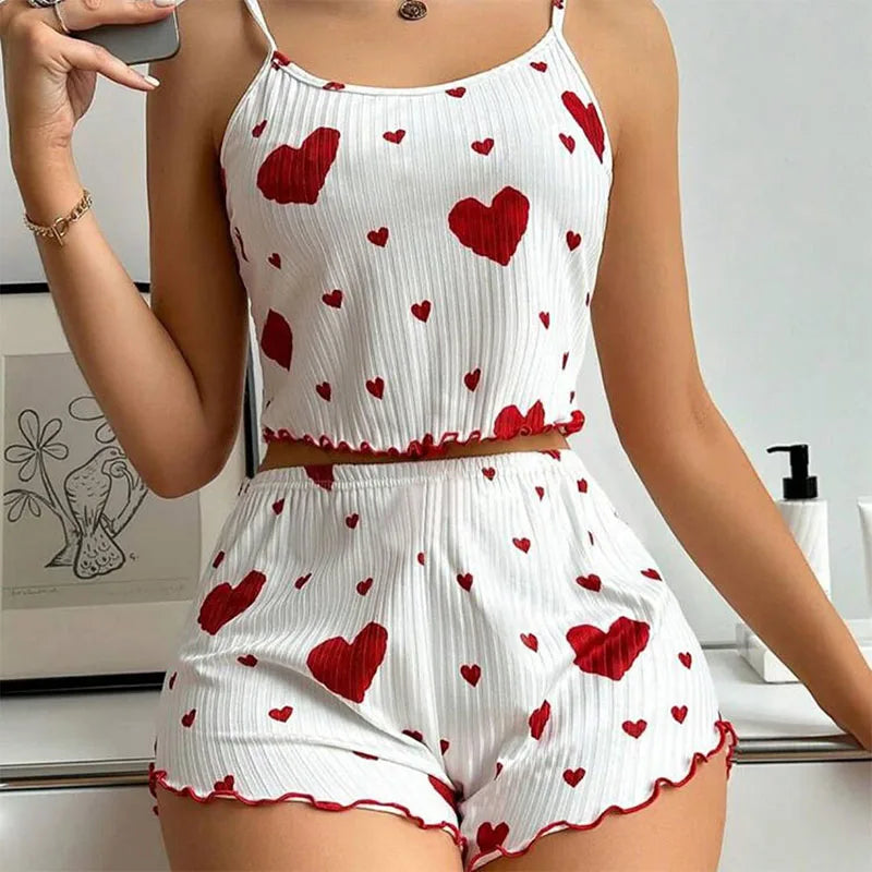 Spaghetti Strap Tank Top & Shorts Pajama Set – Geometric Print, Knit | Women's Summer Sleepwear (1pc or 2pcs)