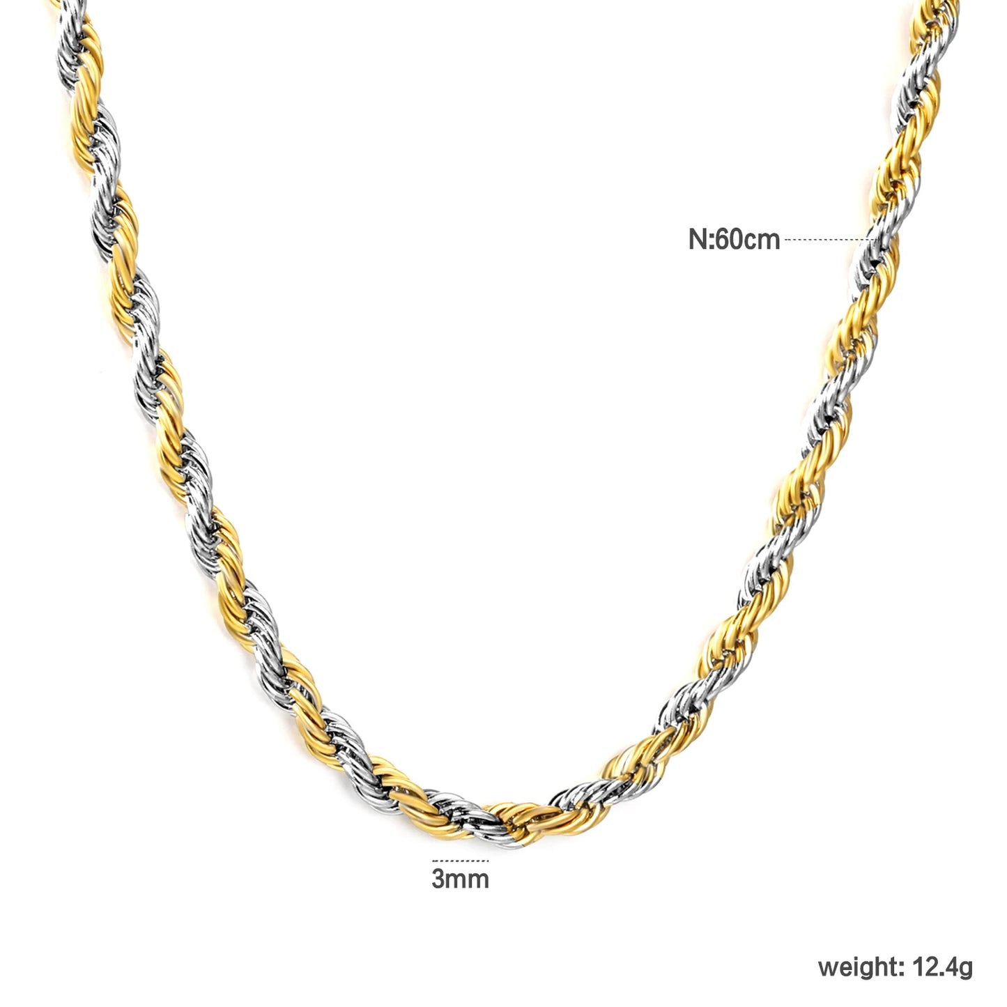 Twisted Rope Chain Necklace – 3mm Punk Stainless Steel Long Necklace for Men & Women