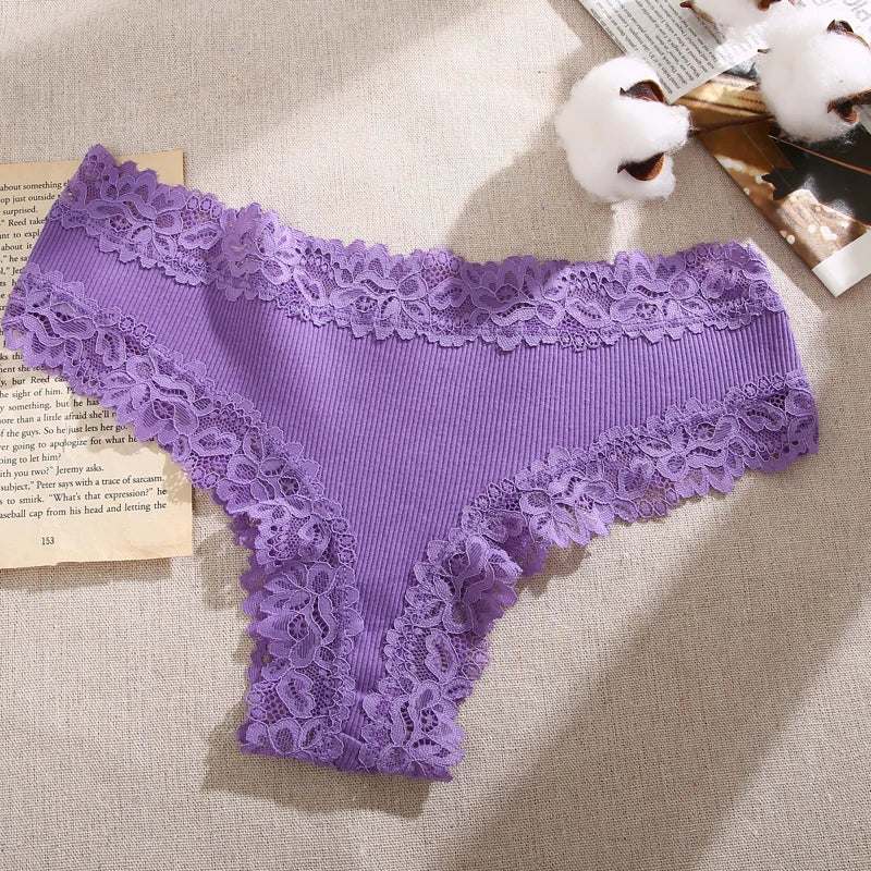 Lace Splicing Brazilian Bikini Panties – Cotton Crotch Low-Rise Underwear for Women (S–XL, 6 Colors)