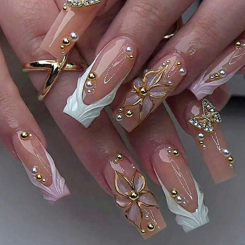 Medium Square Press-On Nails with Adhesive - Blush Pink Floral & French, 24 Pieces