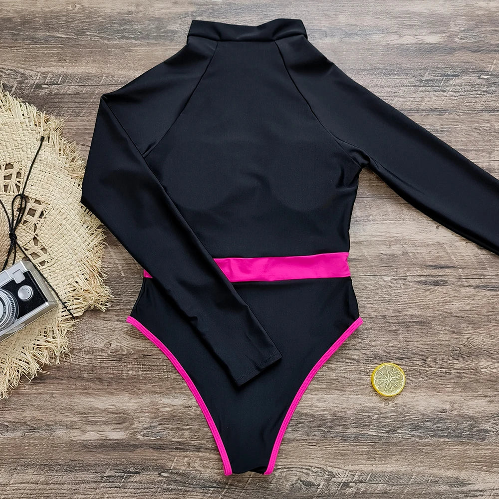 Color Block Surfing One-Piece Swimsuit — Long Sleeve Zipper | Women's Sport Swimwear