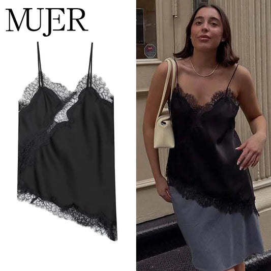 Lace-Trim Satin Camisole Top — Sexy V-Neck Backless Sleeveless | Women's Summer Top