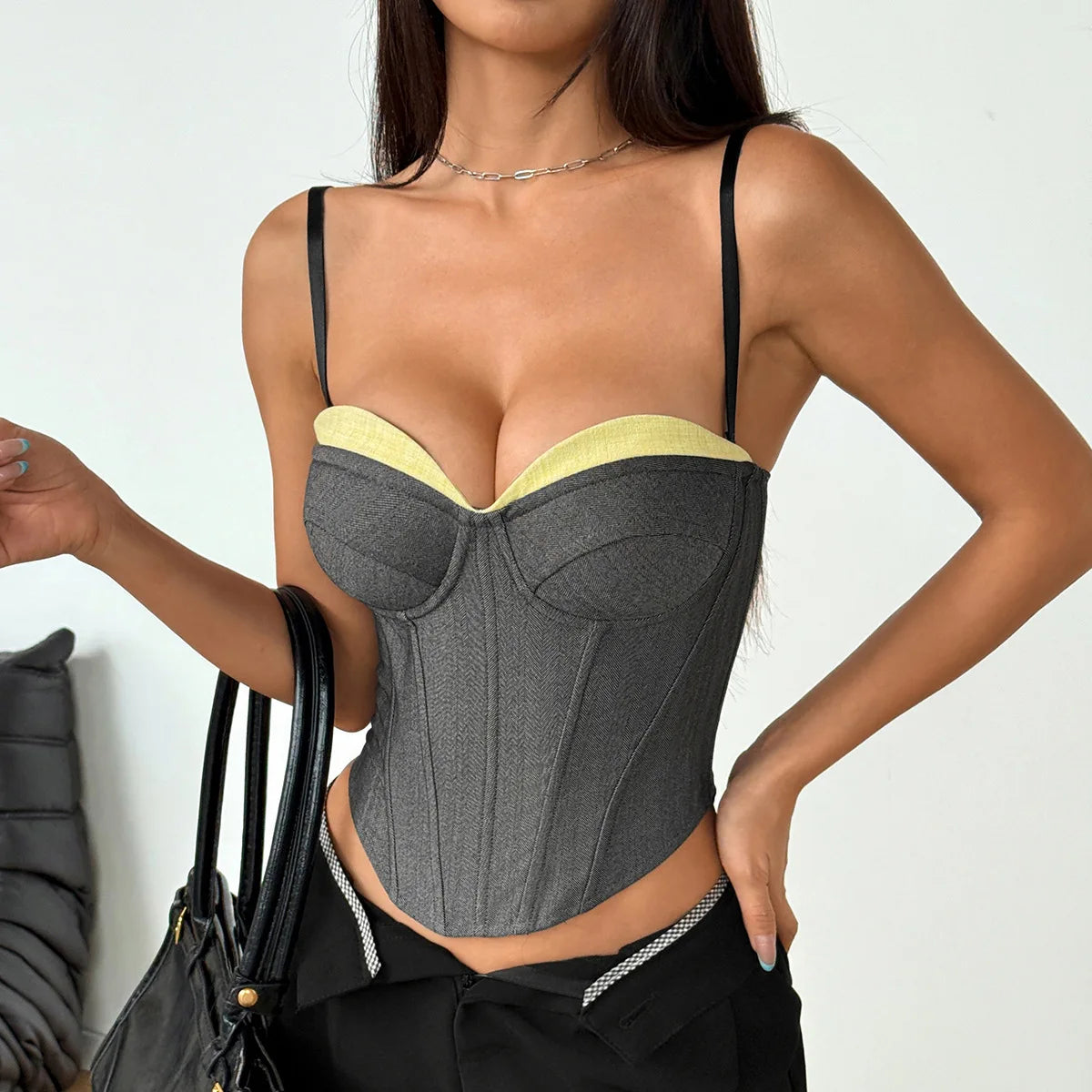 Fishbone Corset Bustier Top — Patchwork Velvet Slim Fit | Women's Club Tops