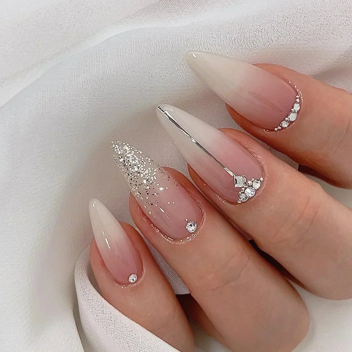 Handmade Almond Press-On Nails - Butterfly, French & Pearl Designs, 24 Pieces