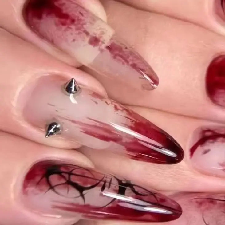Halloween Press-On Nails – Red & Black Stripe and Silver Rivet Designs, 24 Pieces
