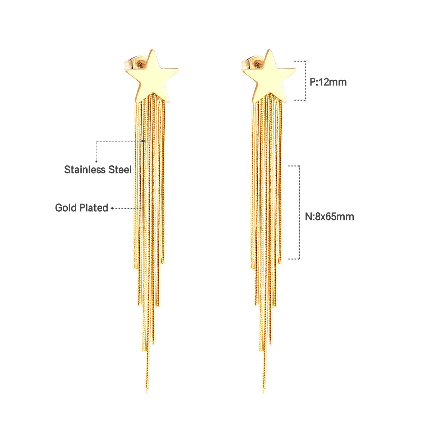 Long Tassel Drop Earrings – 18K Gold-Plated Stainless Steel Dangle Earrings for Women