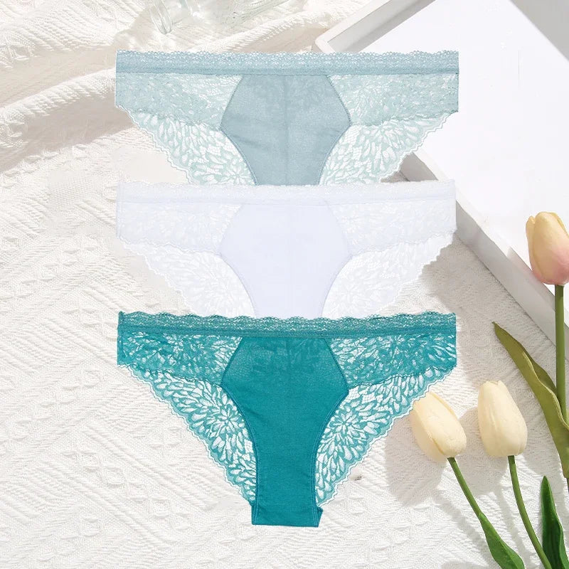 3-Pack Seamless Lace Hollow-Out Brief Panties – Soft Breathable Low-Rise Underwear for Women (S–XL, 20 Color Sets)