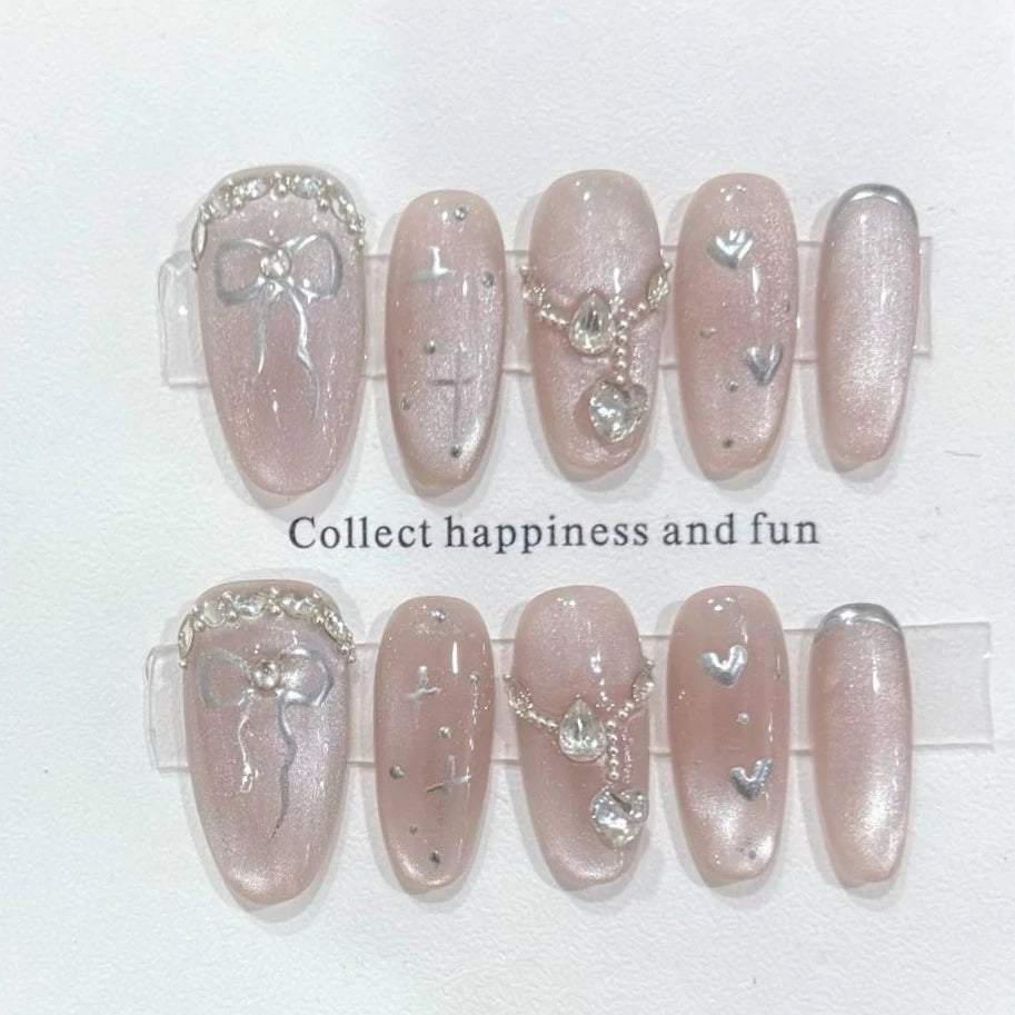 Medium Almond Press-On Nails – Blush, Purple & Butterfly Designs, 10 Pieces