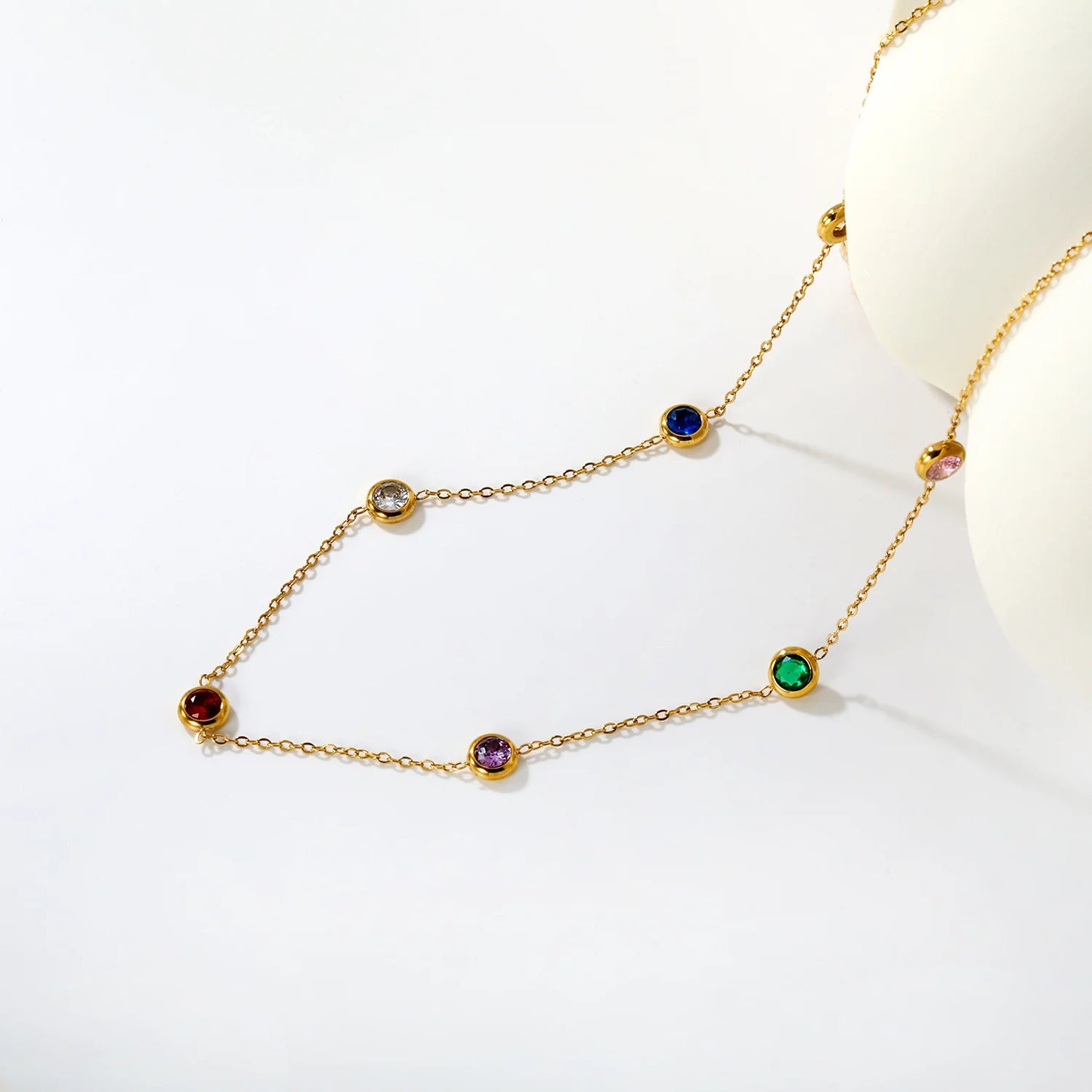 Colorful Rhinestone Chain Necklace – Multicolor Zirconia 18K Gold-Plated Stainless Steel Sweater Necklace for Women