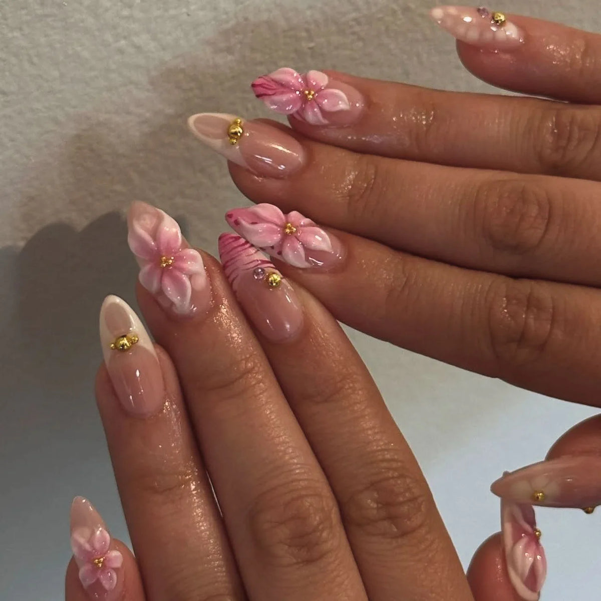 Almond Press-On Nails - 3D Floral, Butterfly & French Tip, 24 Pieces