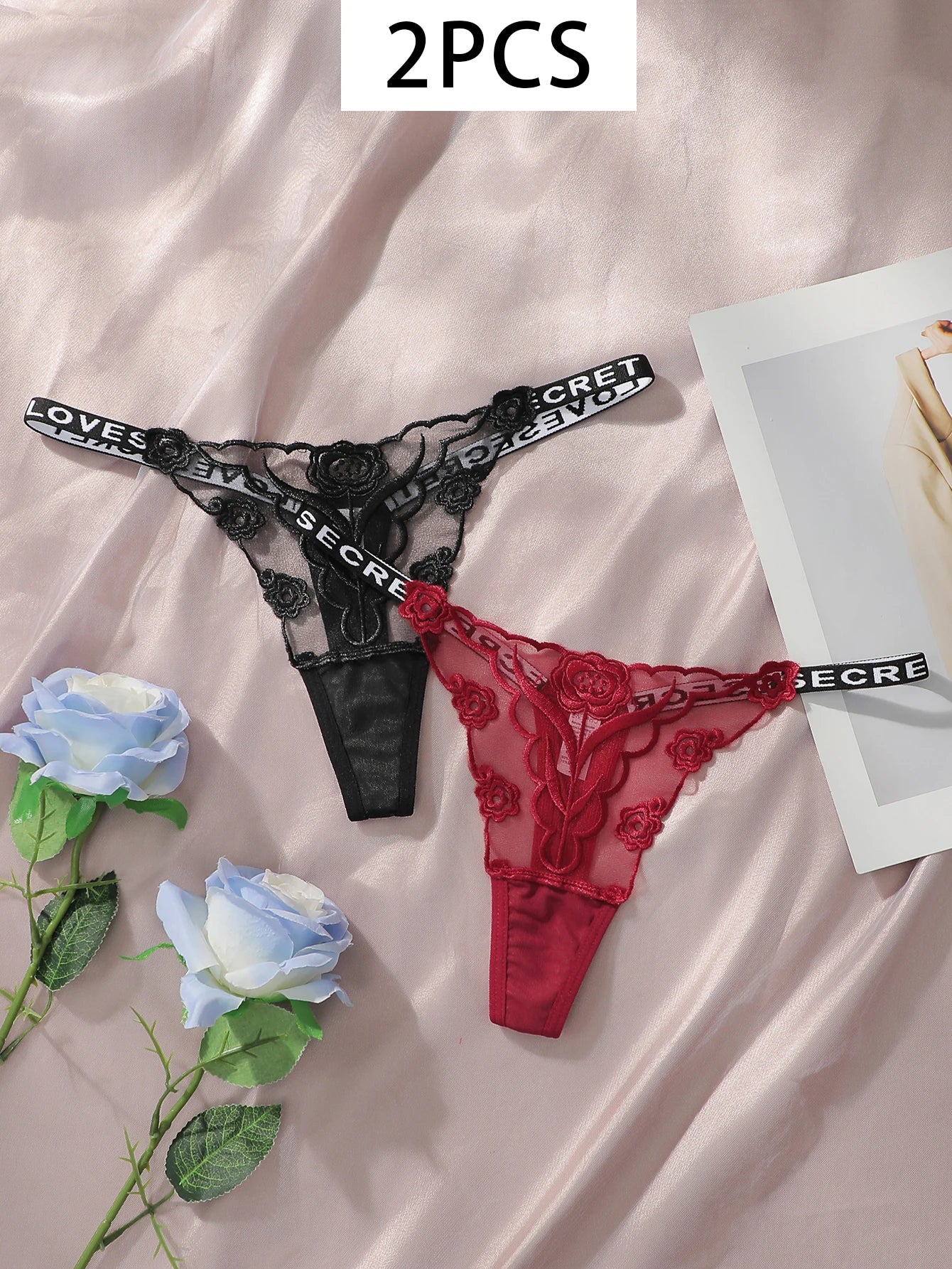2-Pack Embroidered Rose Thong Set — Sheer Mesh G-String | Women's Sexy Lingerie