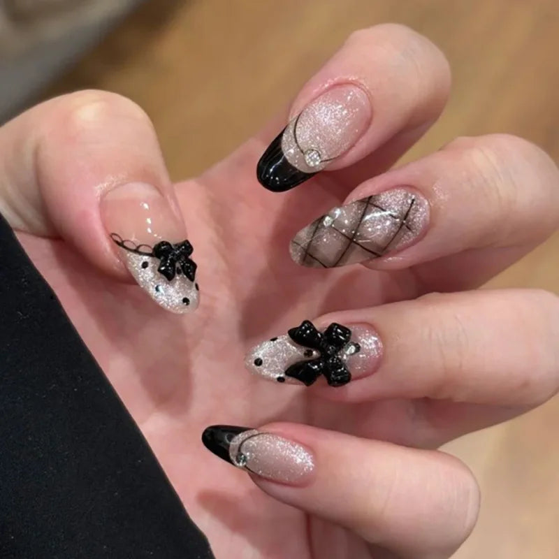 French Almond Press-On Nails – Leopard Print & 3D Bow Designs, 24 Pieces