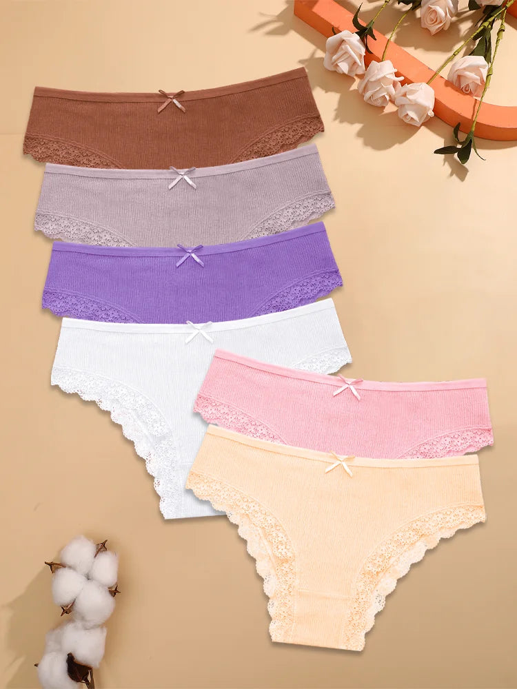 FINETOO 6PCS Women's Cotton Lace Underwear Sexy Crossed Belts Brazilian Panties Female Low Rise Breathable Briefs Soft Lingerie