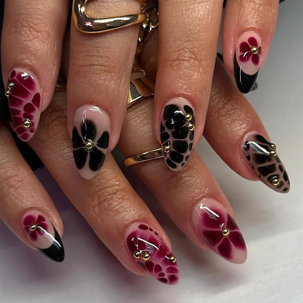 Almond Press-On Nails - 3D Floral, Butterfly & French Tip, 24 Pieces