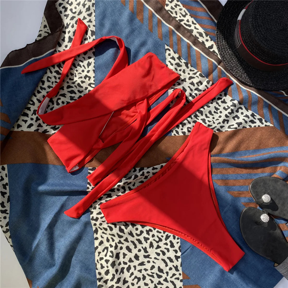 Cross Halter Hollow-Out Bikini Set — High Neck Wrap Top & High Waist Bottoms | Women's Swimwear
