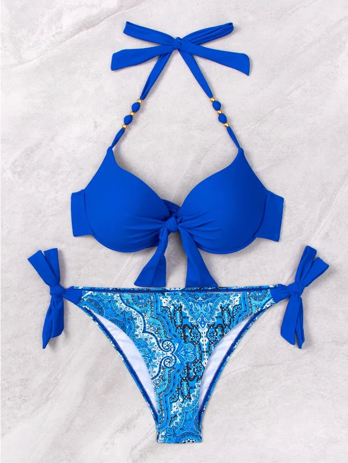Push-Up Halter Bikini Set — Bow-Tie Top & Printed Side-Tie Bottoms | Women's Swimwear