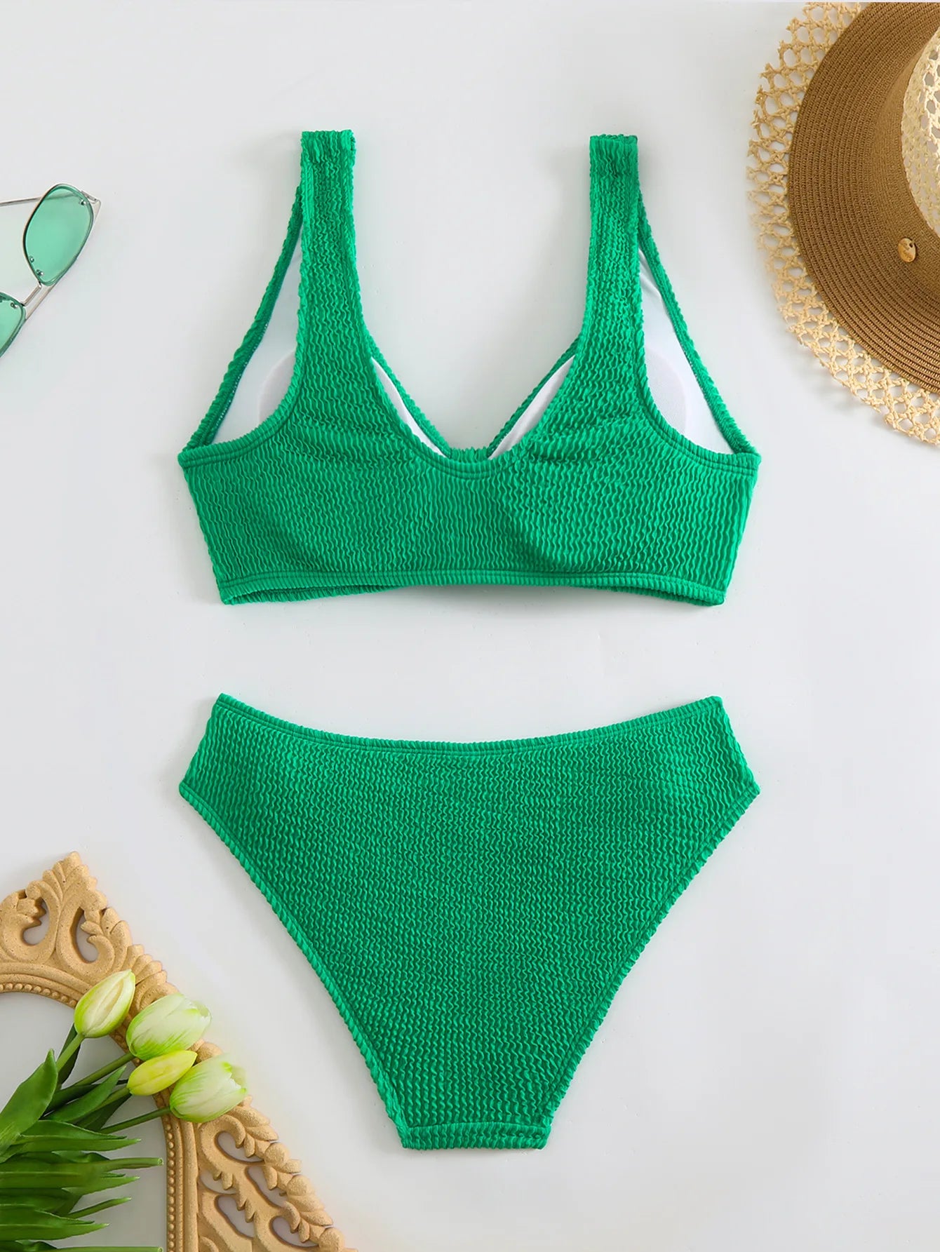 Solid Color High Waist Bikini Set — V-Neck Textured Top & Cheeky Bottoms | Women's Swimwear