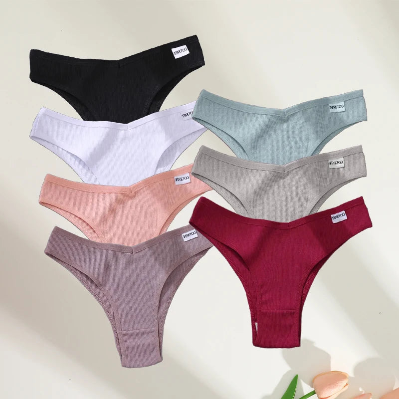 FINETOO 7Pcs Cotton Striped Brazilian Panties Women's Underwear Low-Waist Breathable Briefs Female Low-Rise T-Back Lingerie M-XL