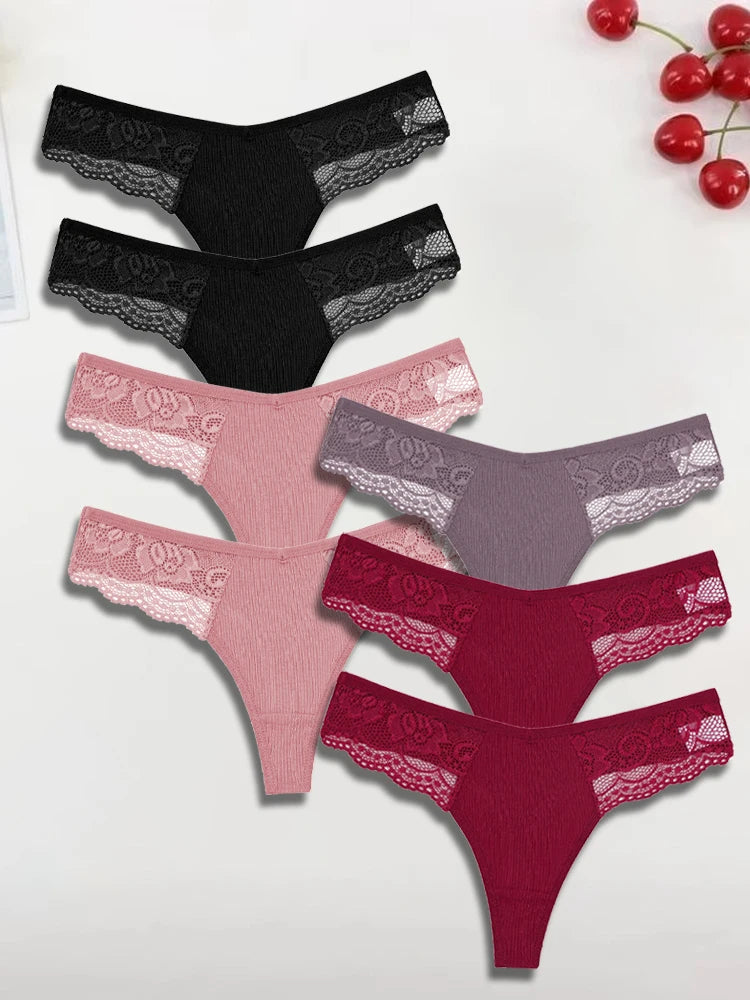 7-Pack Cotton Lace-Waist Thongs — Low-Rise Ribbed G-String Panties