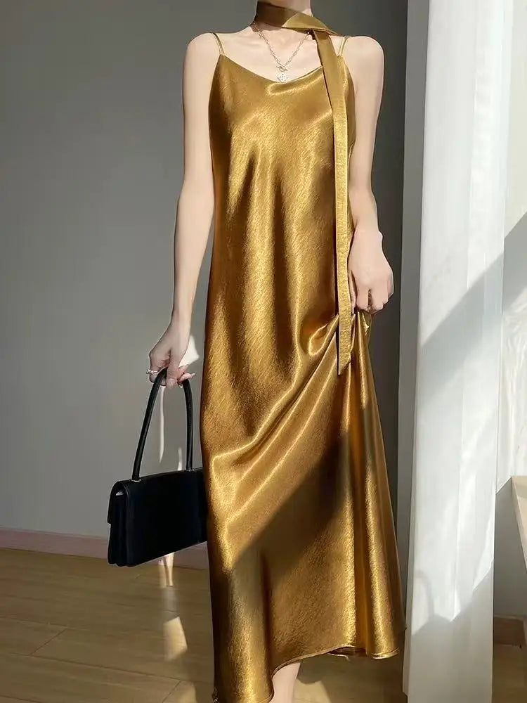 French Elegant Satin Camis Dress Women Summer Loose with Ribbon Midi Dress Female Fashion Aesthetic Party Evening Slip Dress