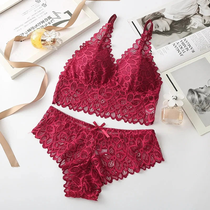 Floral Embroidery Lace Bra & Panty Set — Wire-Free Padded Bralette | Women's Lingerie