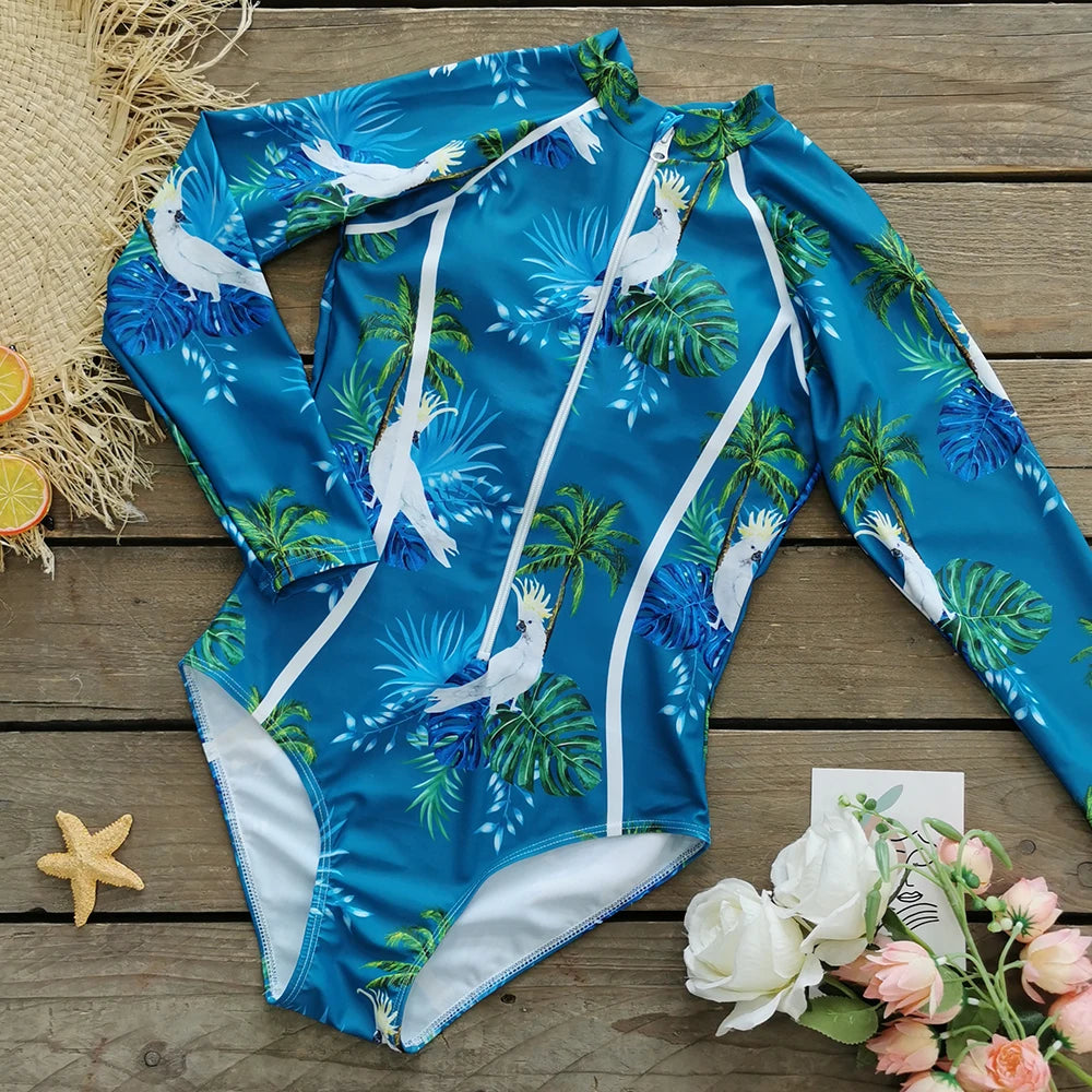 Color Block Surfing One-Piece Swimsuit — Long Sleeve Zipper | Women's Sport Swimwear