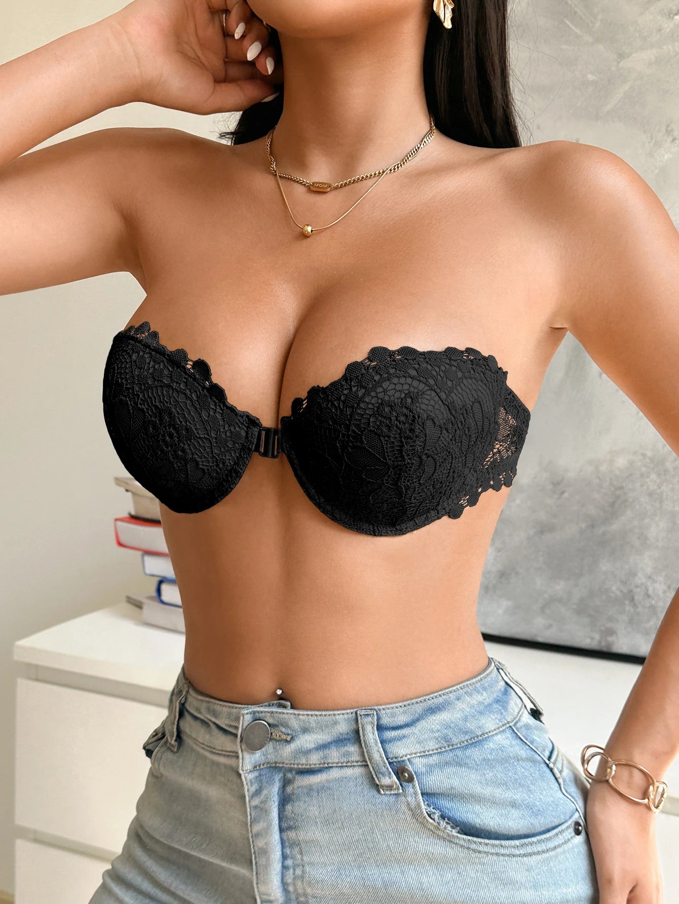 Lace Half-Cup Strapless Push-Up Bra — Front Clasp Non-Slip | Women's Lingerie