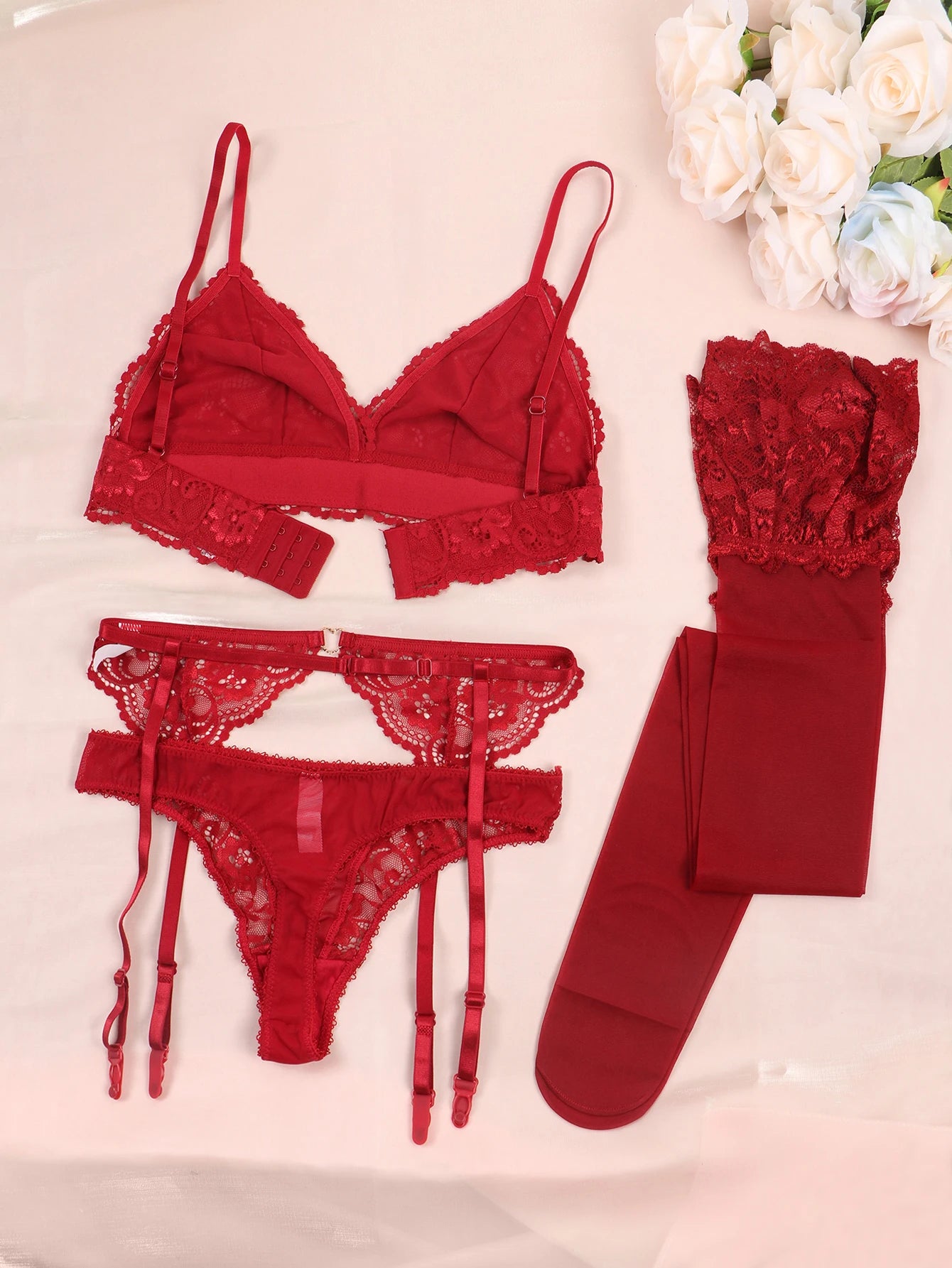 Floral Lace Bralette Lingerie Set — Wire-Free Bra, Thong, Garter Belt & Stockings | Women's Lingerie