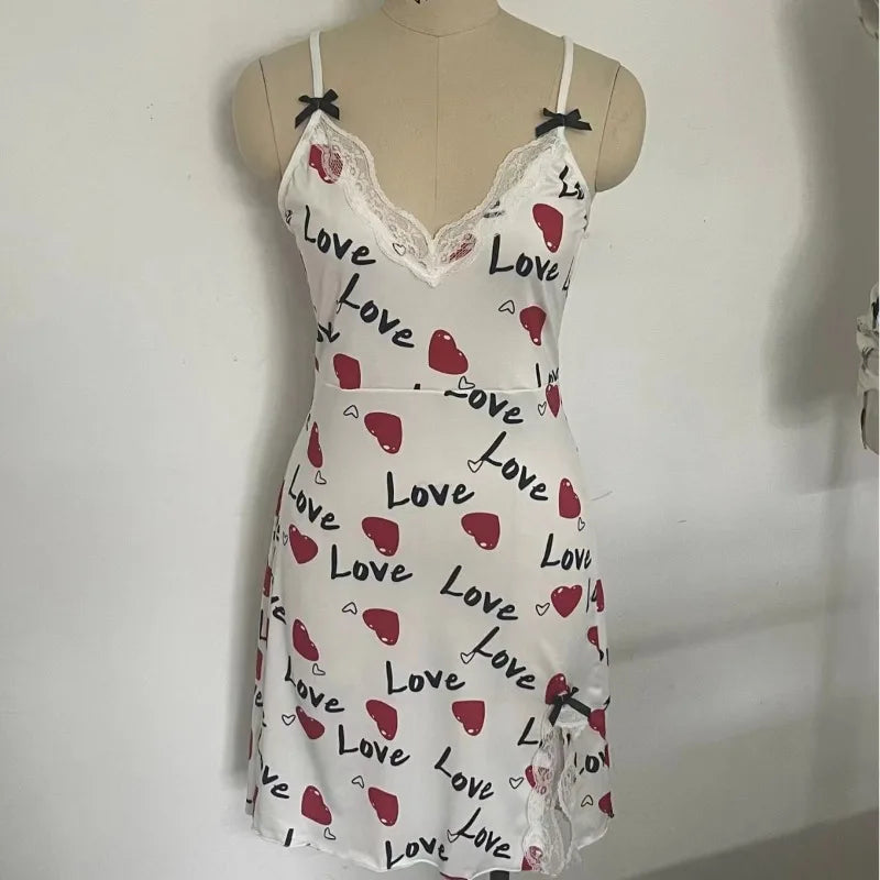 Lace-Edge V-Neck Sling Nightdress – Side-Split Cotton Sleepwear with Love Print (S–XL, 2 Colors)